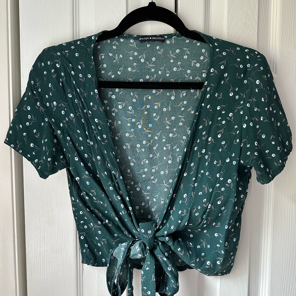 Green Floral Tie-Front Top
